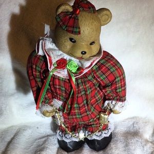 Vintage Christmas Musical Wind up Ceramic Bear with cloth dress